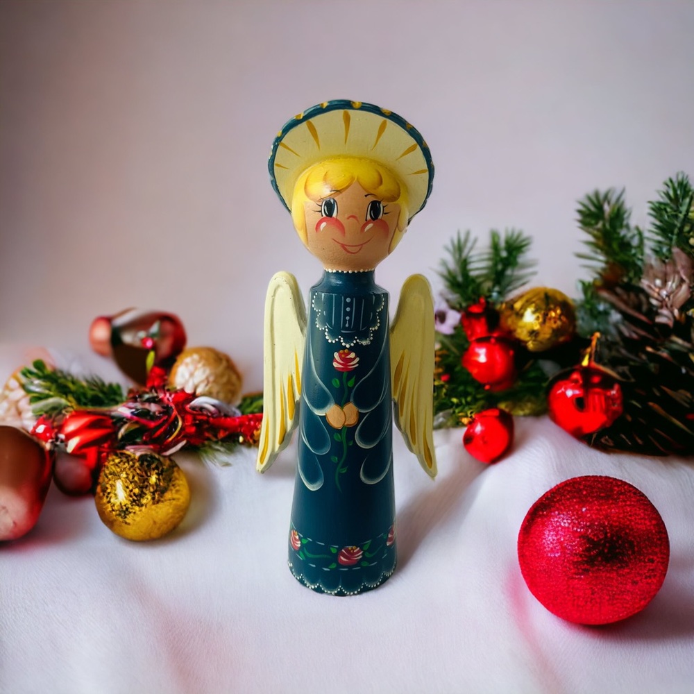 Vintage Hand Painted Wood Folk Art Angel Wings Halo
